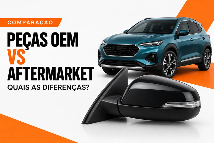 Peças OEM vs aftermarket com comparação visual de uma peça automóvel e um veículo