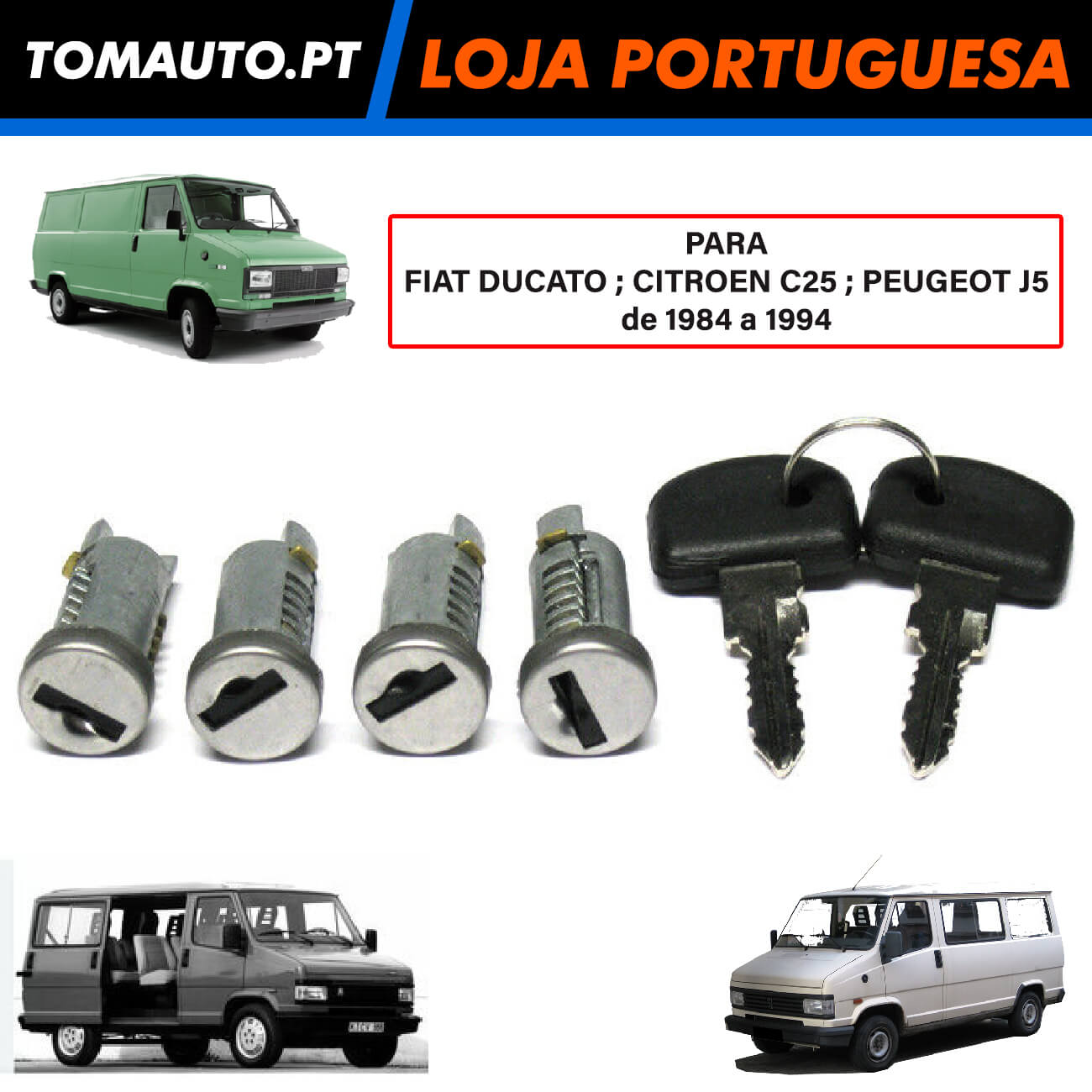 Conjunto de 4 fechaduras de porta para Fiat Ducato Citroen C25 e Peugeot J5 de 1984 a 1994