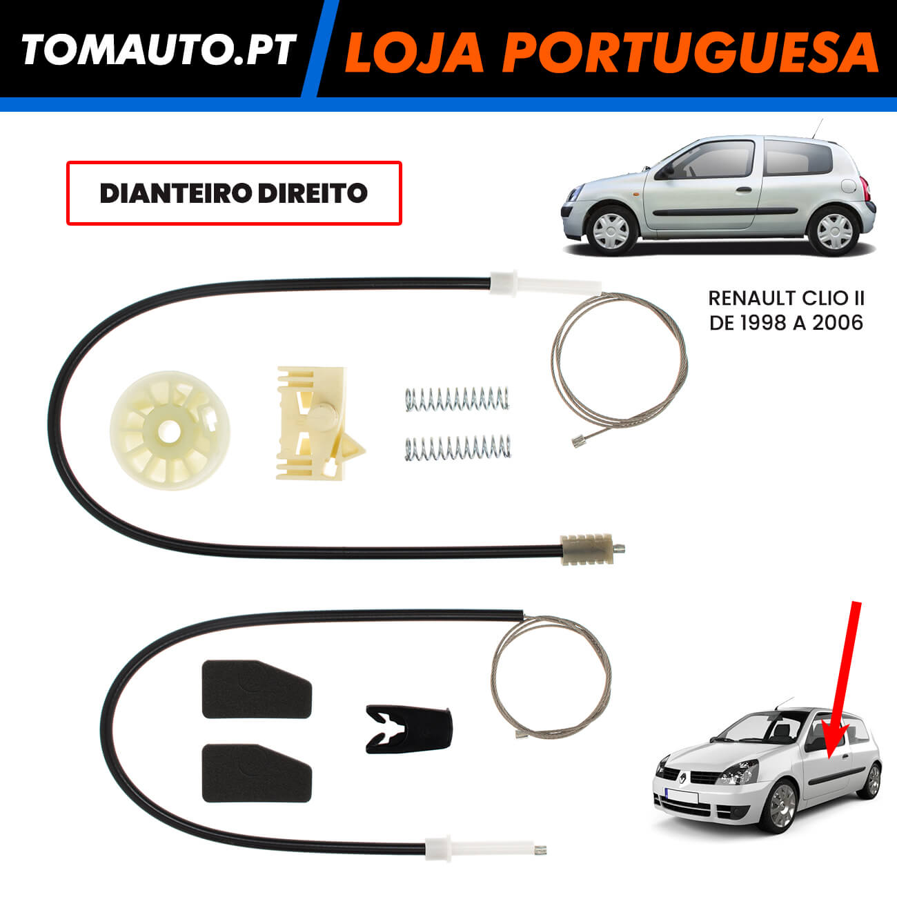 Kit de reparação elevador de vidro dianteiro direito Renault Clio II de 3 portas 