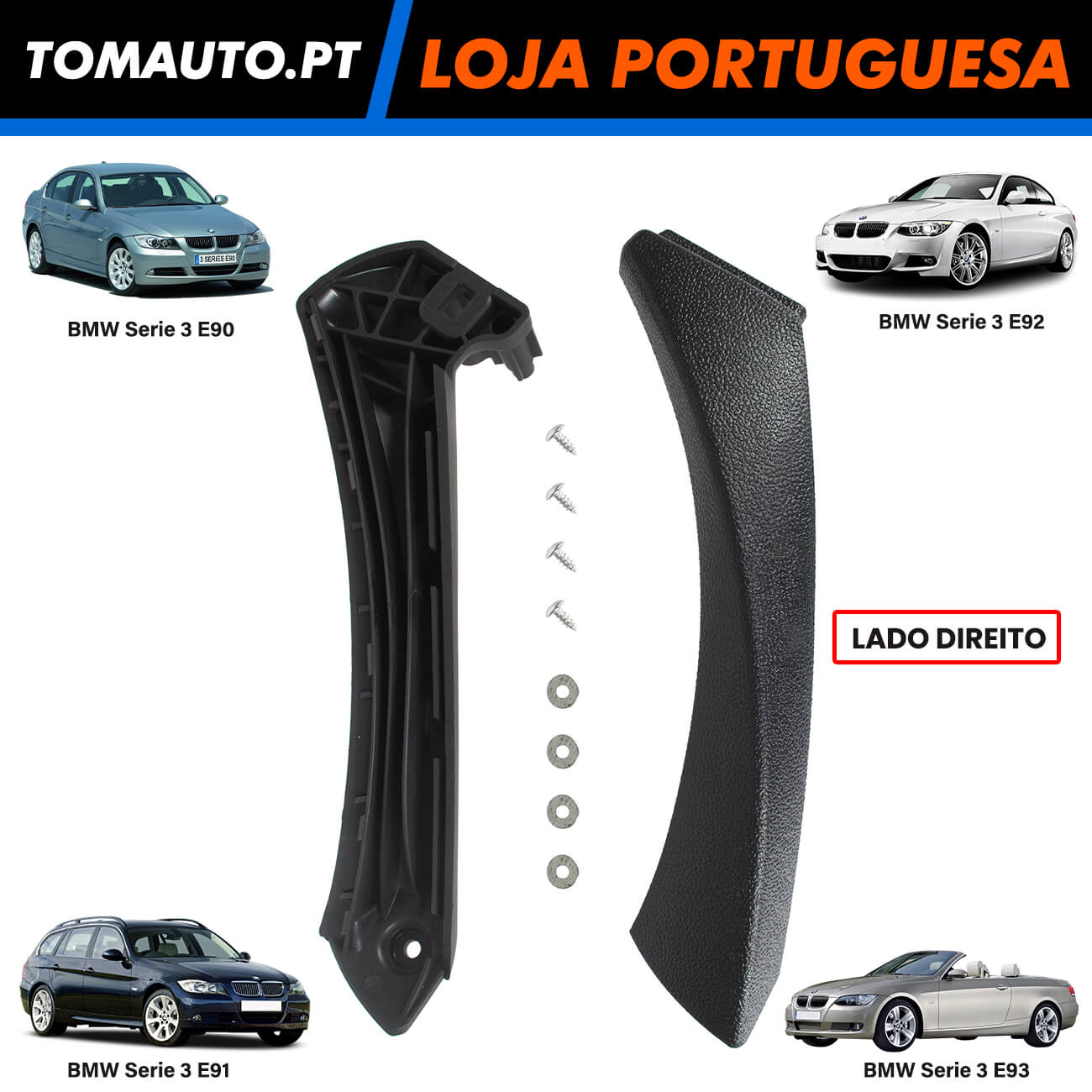 Puxador de porta direita BMW 3 E90 E91 E92 E93 preto 51417230850 - 51419150336 - 51416971290