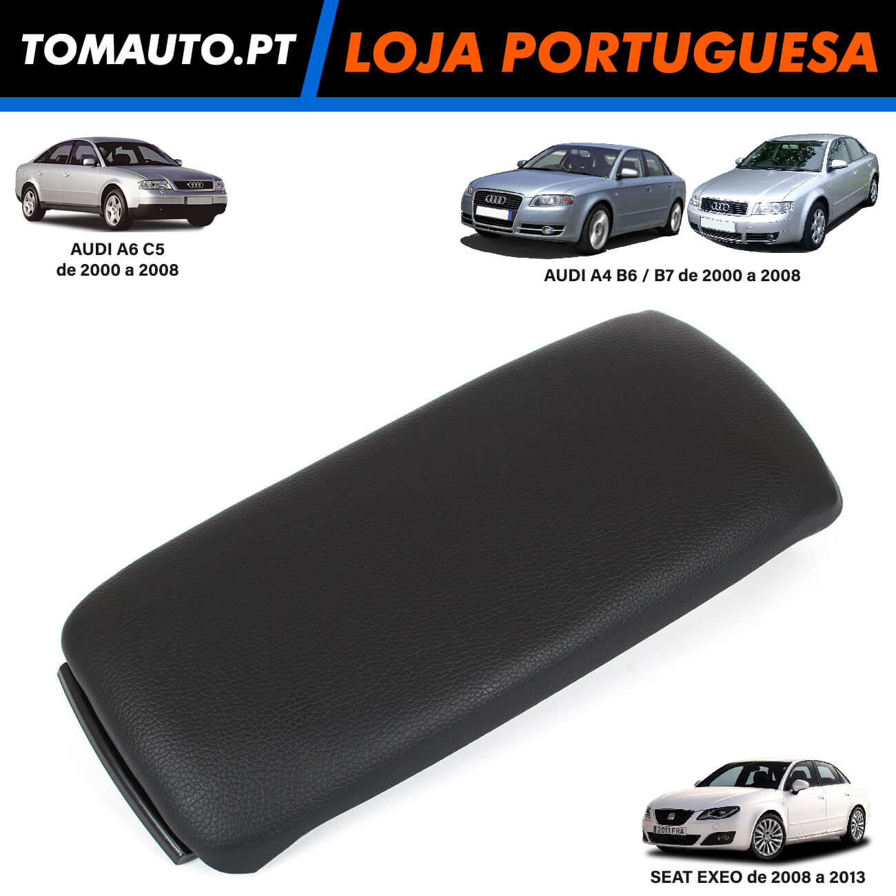 Tampa Apoio Braço Couro Preto Audi A4 B6/B7, A6 C5 e Seat Exeo